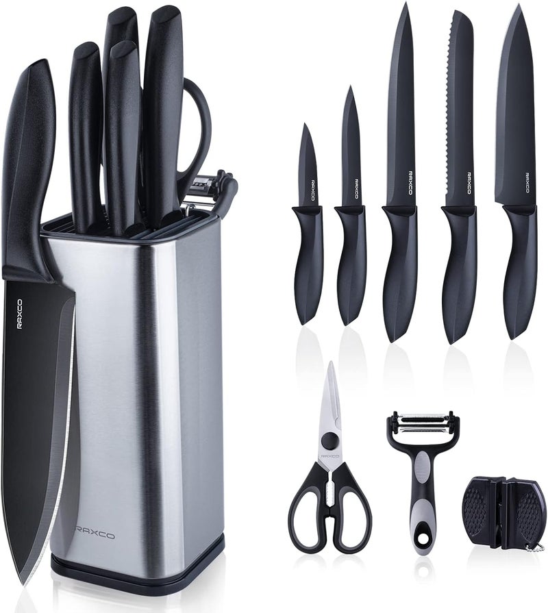 RAXCO Knife Set with Block,10-Piece Kitchen Knives Stainless Steel,Pro-sharpened for Cooking,Slicing,Mincing,Dicing,Black - Image 1